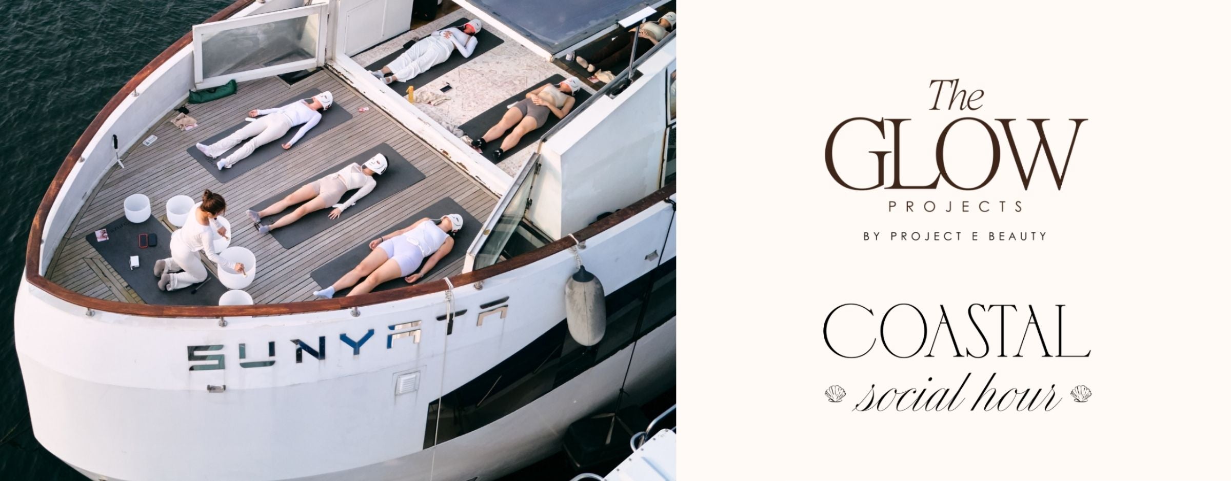 Outdoor yoga and relaxation session on yacht deck for The Glow Projects coastal event showcasing LED therapy mask.